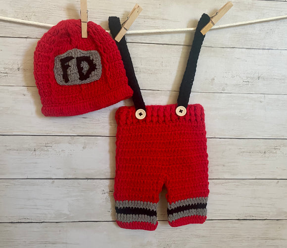 Handmade Newborn Soft Crochet Photo Photography Firefighter Outfit