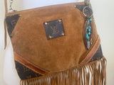 Boho Vintage Repurposed Suede Crossbody Bag w/Louis Vuitton Canvas
